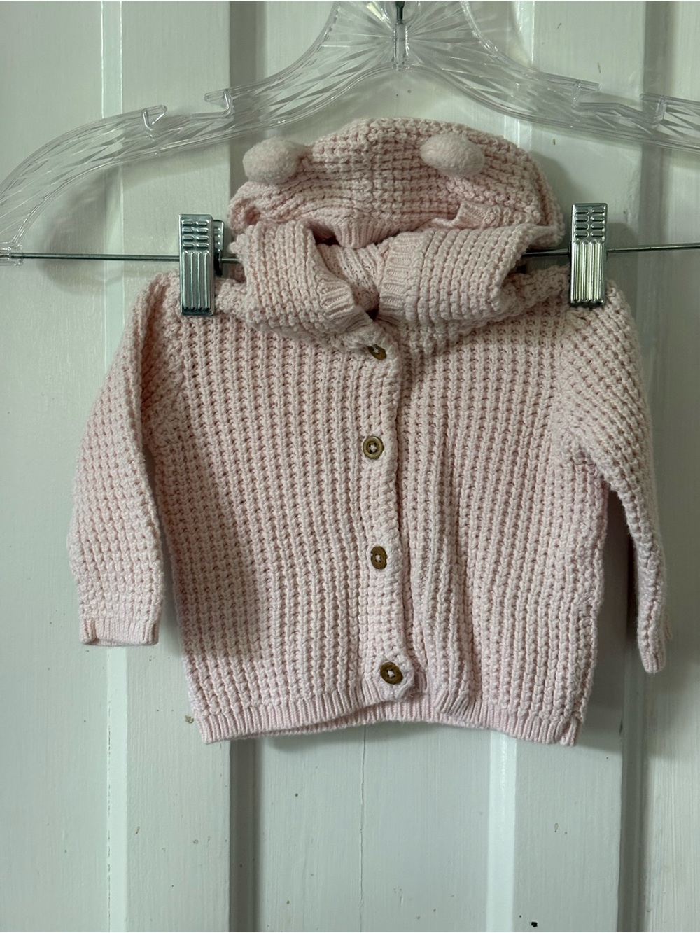 Carter's Light Pink Knit Hooded Cardigan with Pom Poms